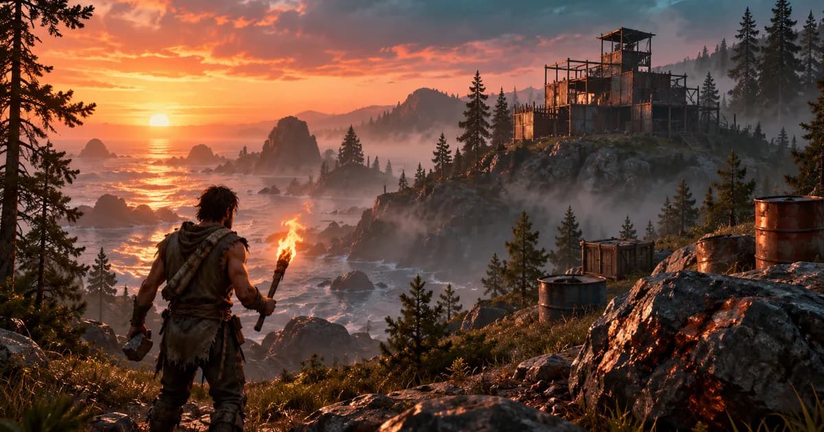 Survivant sur une côte au lever du soleil devant une base en construction, ambiance de début de wipe sur un serveur Rust